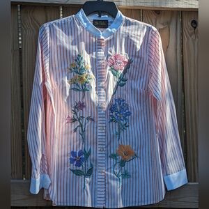 Bob Mackie Wearable Art Embroidered Floral Stripe Button Down